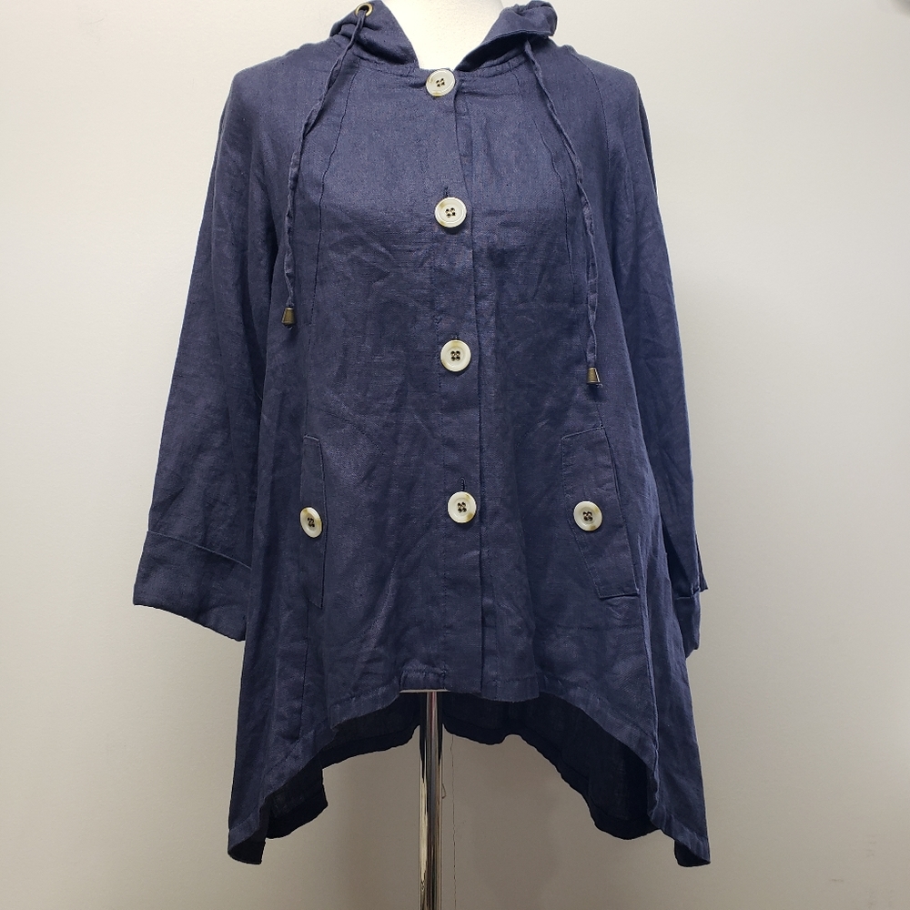 For Cynthia Linen Hooded Artsy Jacket Handkerchief Hem Button Front Size S Navy